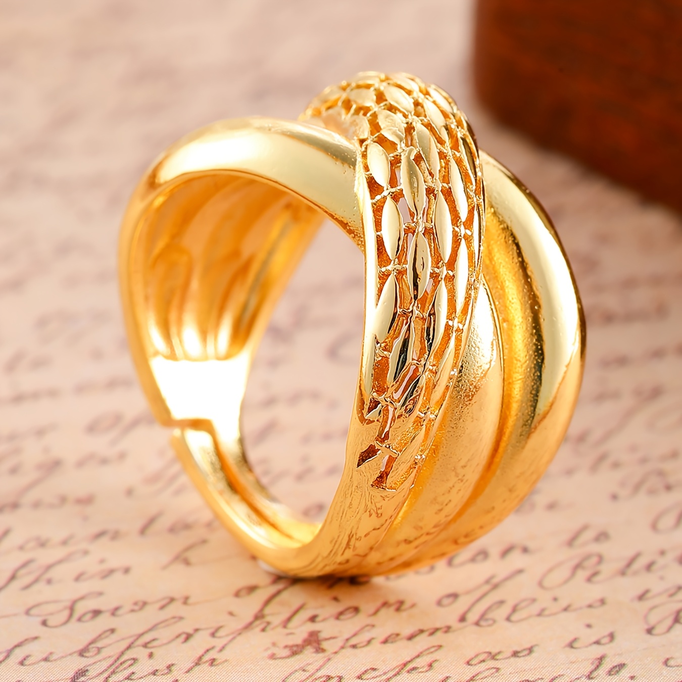 Interlocking Textured Men's 18K Gold Plated Ring
